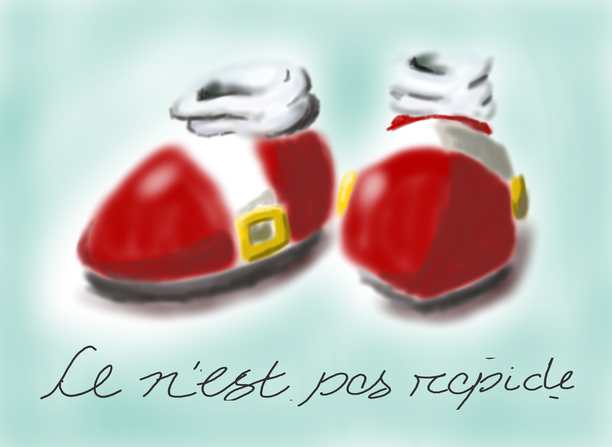 a digital painting of Sonic the Hedgehog's shoes with a very soft (almost airbrushed) quality. The text below reads "ce n'est pas rapide"